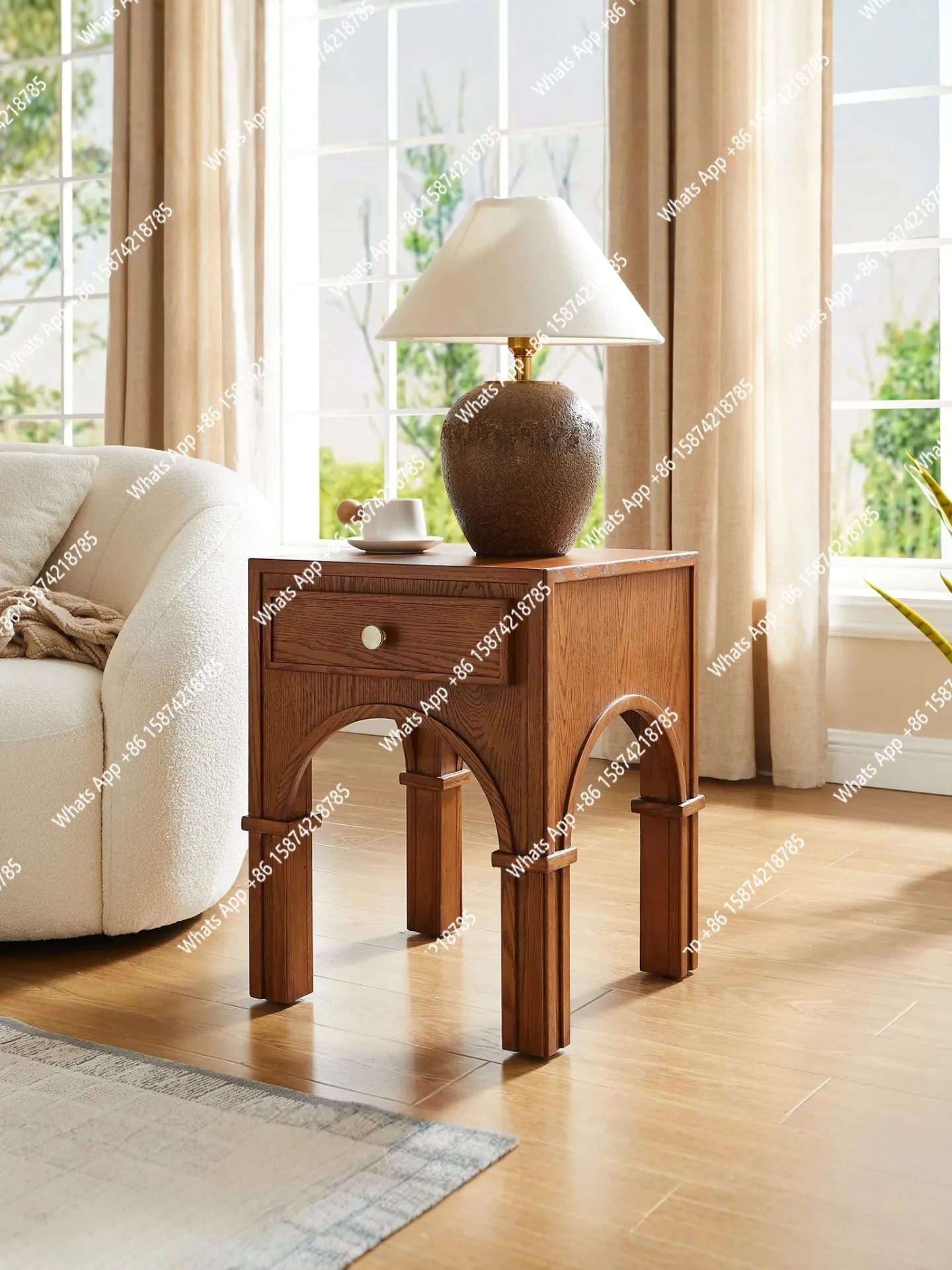 

French retro solid wood bedside table arched side table bedroom storage drawer cabinet log color living room side decoration