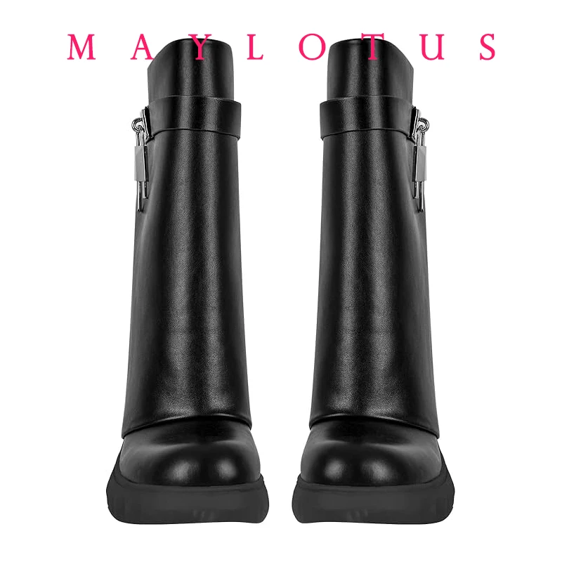 2024 Fashion New  Women\'s Autumn Winter Mid-Calf Boots Shark Lock Platform Round Toe Boots Wedge Heels Vintage Shoes