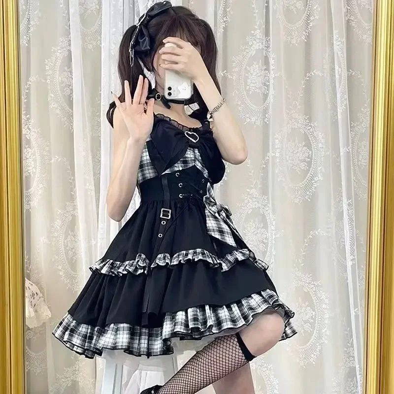 ญี่ปุ่น Lolita Camis ผู้หญิงสีแดงลายสก๊อต Ruffles Bow Tie ชุดมินิฤดูร้อนหวาน Kawaii Patchwork สุภาพสตรี Vestidos