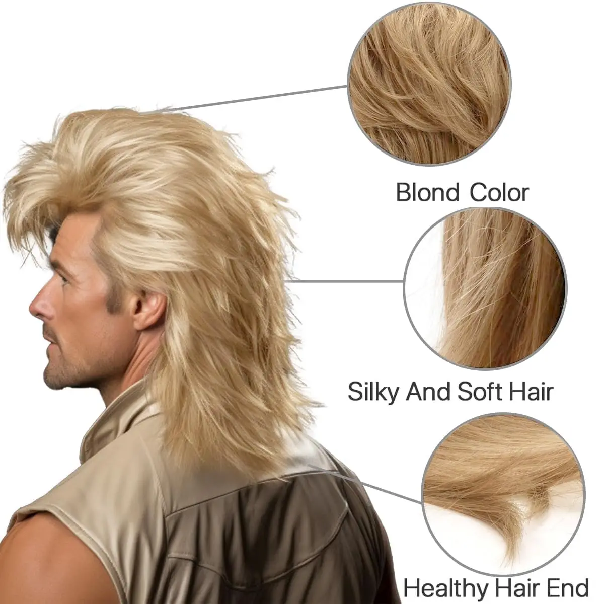 Synthetic Long Blonde Mullet Wig Machine Made for Men 70s 80s Costume Fancy Party Curly Punk Rocker Halloween Costumes Male Use