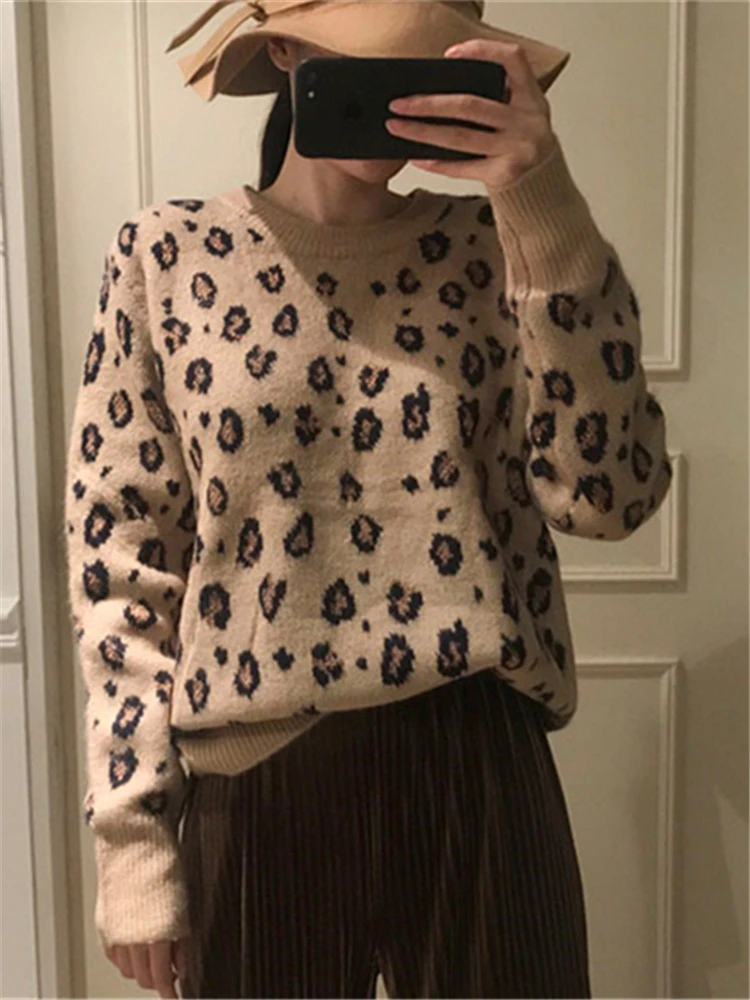 Colorfaith SW9539 New 2023 Leopard Korean Style Knitted Oversized Female Wild Autumn Winter Women\'s Sweaters Pullovers Jumpers