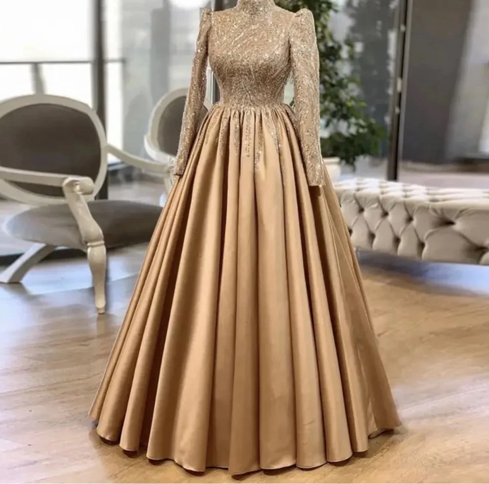 2025 Women A-line Evening Formal Dress High Collar Beaded Sequins Long Sleeves Satin Prom Party Gown Robe De Soiree