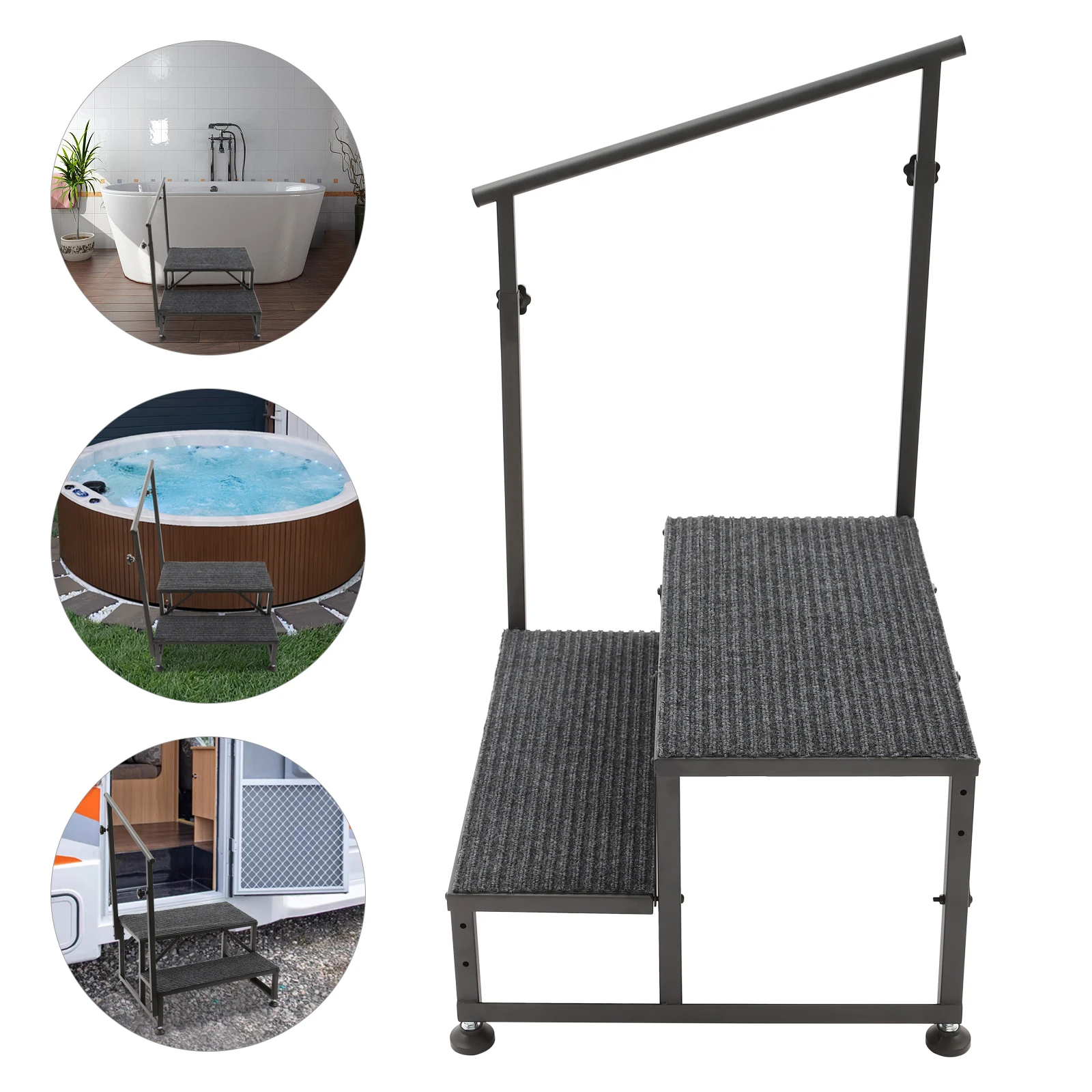 

2-Step RV Stairs with Handrails, Adjustable Foot Pads, Soft Cushions, and High Load Capacity of 450lbs, Ideal for Elderly and