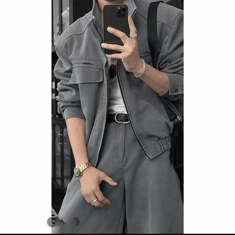 Giacca corta unisex con colletto alla coreana Pantaloni larghi a gamba larga Set Autunno Inverno Nuovo streetwear casual alla moda Moda urbana oversize