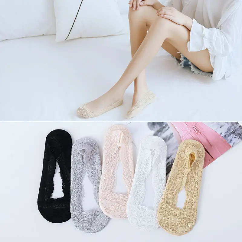 1Pair Women Floral Lace No Show Insoles Summer Breathable Non Slip Silicone Hidden Foot Pads