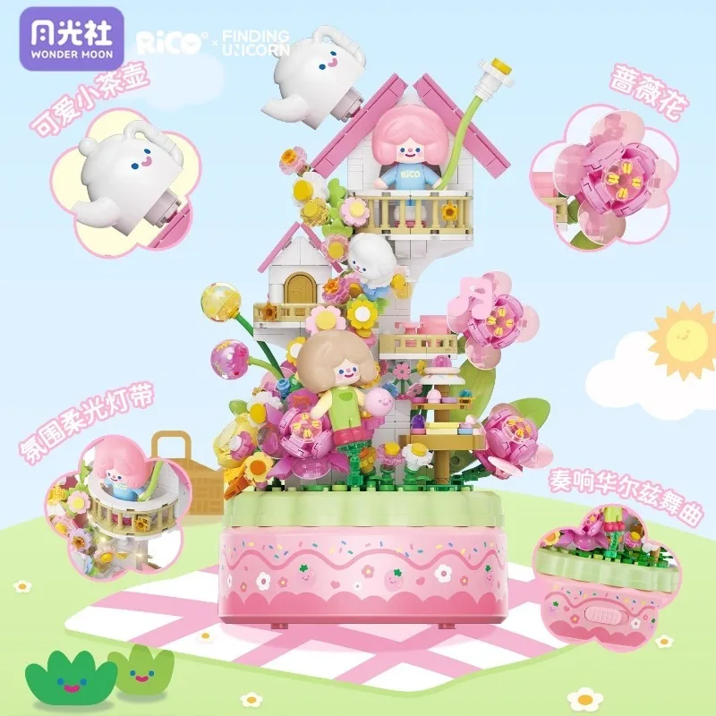 RiCO Flower Adventure Assemblaggio di blocchi di costruzione FINDING UNICORN Carillon Giocattolo Modello Kawaii Ornamenti Regalo di festa per bambini