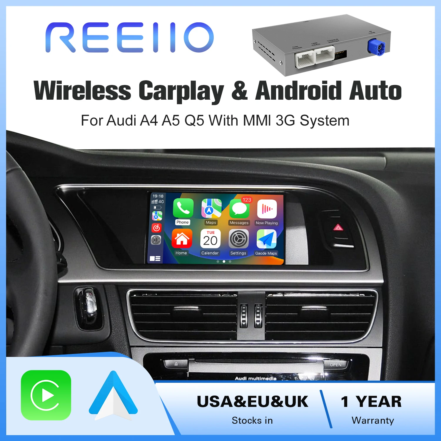 2025 New Wireless Carplay Android Auto for Audi Q5 B8 A4 A5 2010-2016 with AirPlay Mirror Link Bluetooth