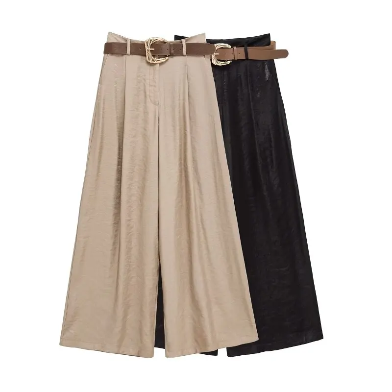 

PB&ZA2025 Summer Women's New Casual Fashion Versatile Simple Belt Satin Texture Loose Wide-leg Trousers
