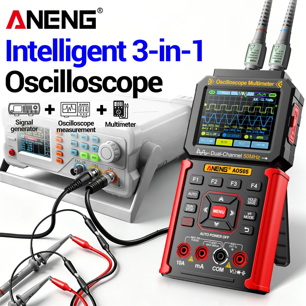 ANENG AOS05 3-in-1 Handheld Digital Oscilloscope Multimeter Signal Generator 50MHz Dual Channel 200MS/s Sampling 25000 Counts True RMS Multimetro Waveform Generator Electronic Repair Tester