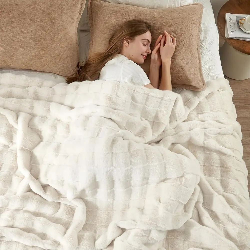 Fluffy Faux Fur Blanket Queen Size for Bed, Fuzzy Soft Striped Plush Blanket, Thick Throw for Bedroom Couch Gift, 90x90 Inches C