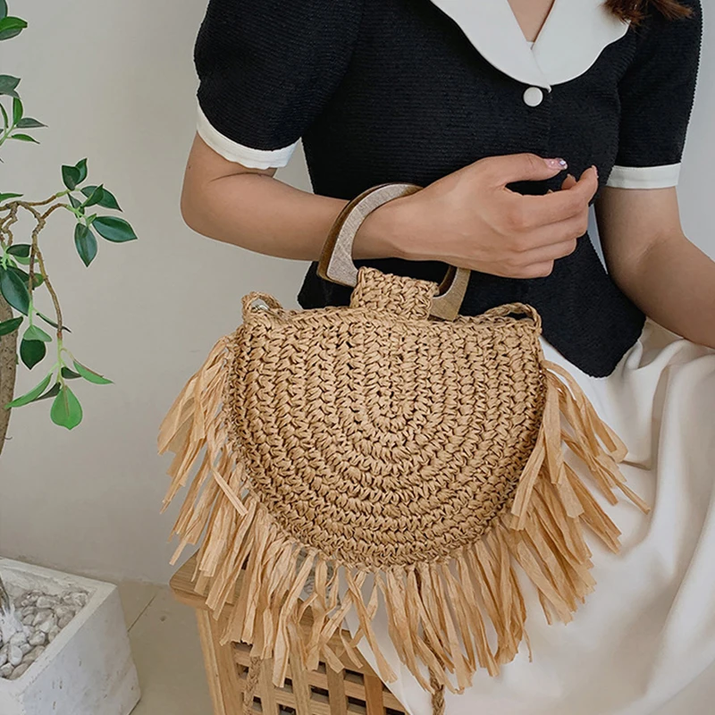 Fashion Straw Woven Shoulder Messenger Bags Women\'s Saddle Designer Luxury Crossbody Bag Summer Beach Female Tassel Handbag