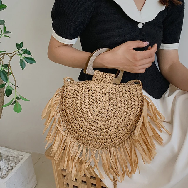 Modna słomka tkana torby listonoszki damska designerska luksusowa torba Crossbody na plażę damska torebka z frędzlami