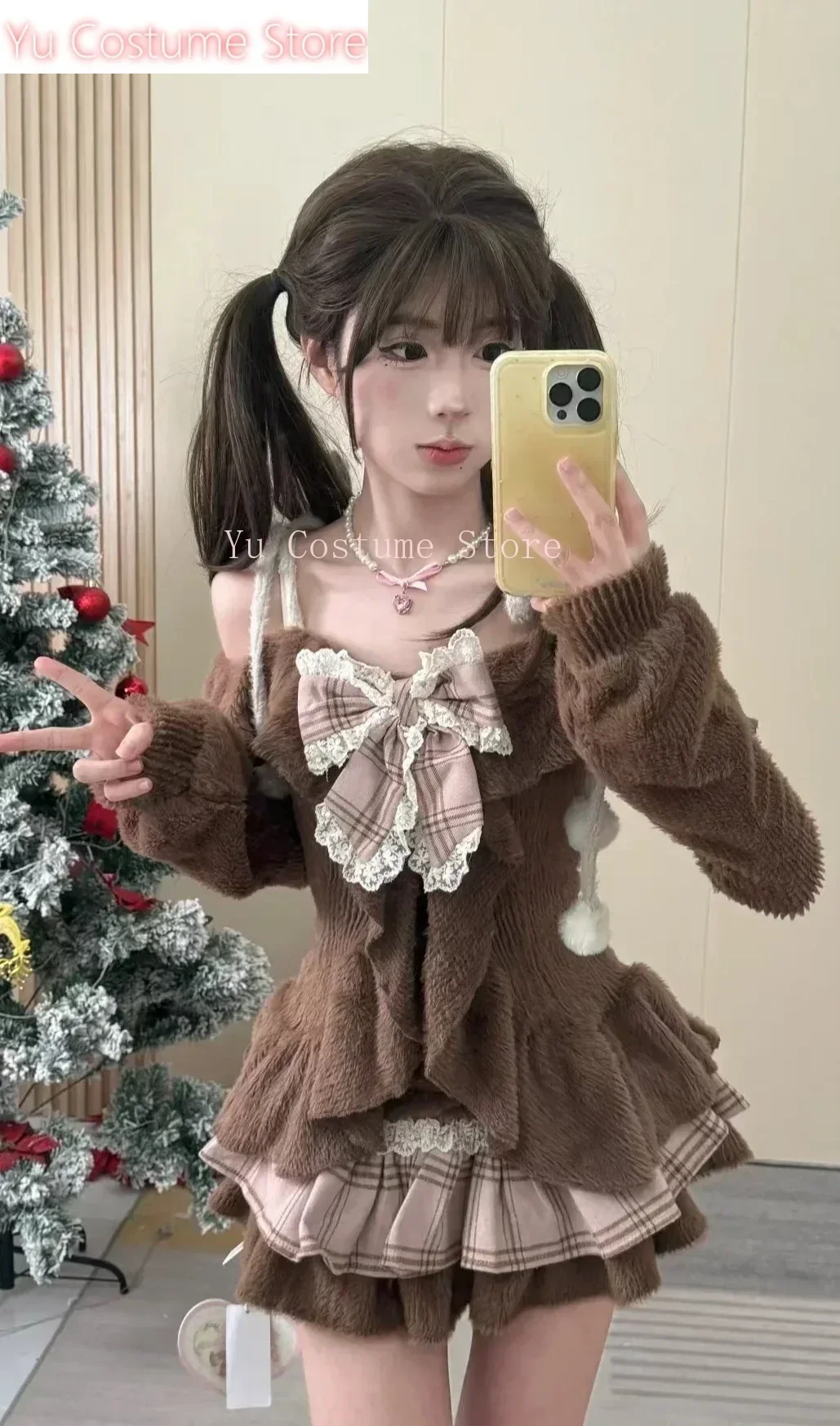 

JapaneseSweet Lolita 2 Piece SetsWomen Retro Off Shoulder Bow Blouse Tops Plaid Cake Mini Skirt Girls Kawaii Y2k Slim Yu Costume