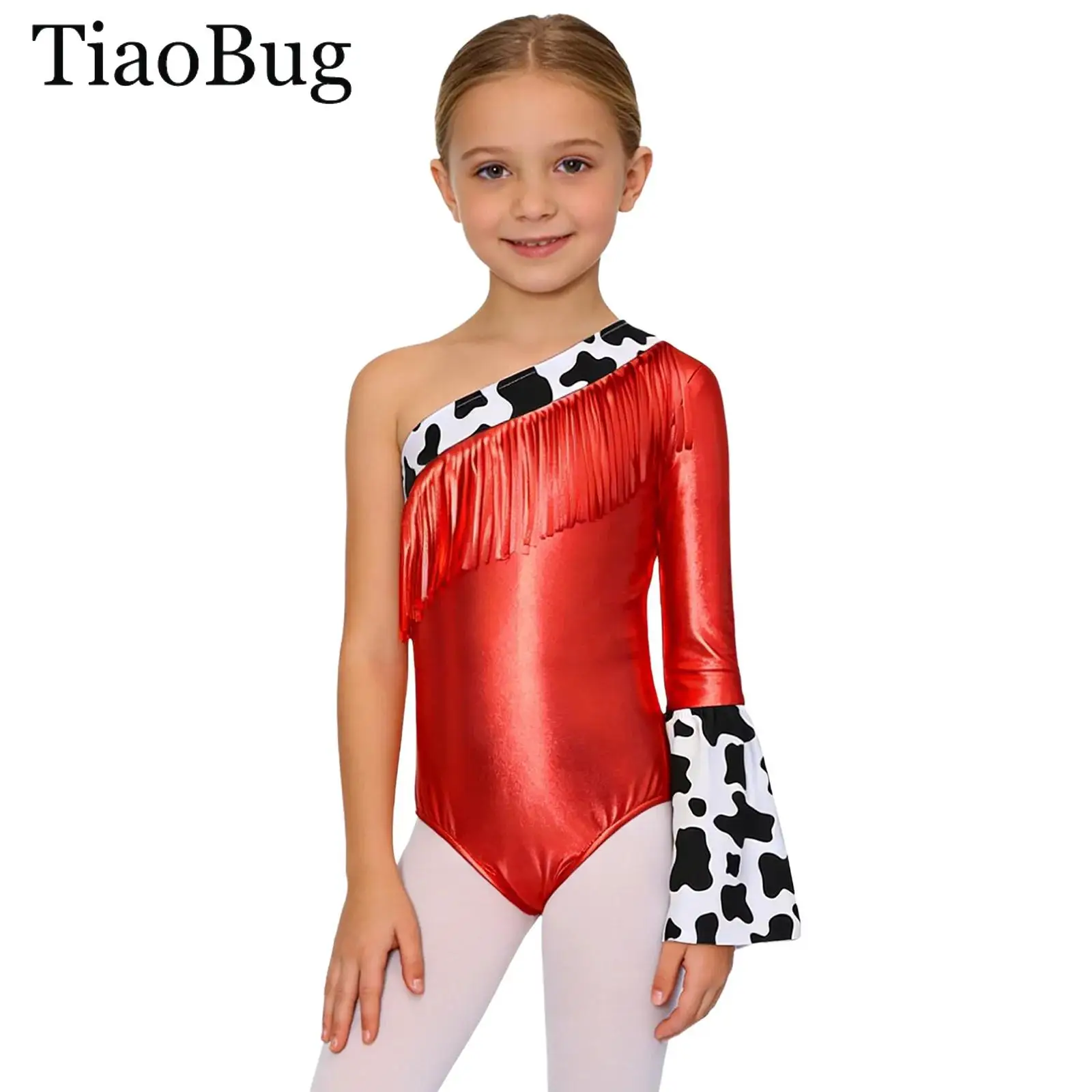 

Girls Western Cowgirl Cowboy Costume Jumpsuit Long Flare Sleeve Fringed Metallic Shiny Leotard Bodysuit Carnivals Party Dress Up