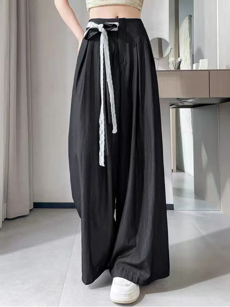 

Lace Patchwork Lace Up Wide Leg Pants Women Summer Thin High Waist Loose Floor Length Pants Korean Elegant Straight Trousers