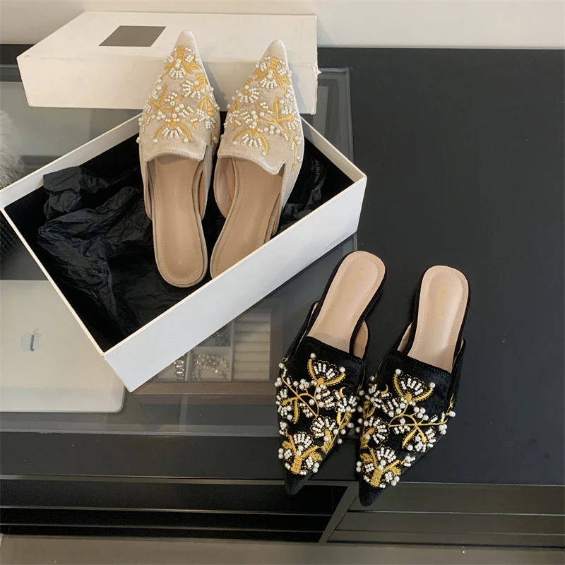 Aneikeh Summer Women Flat Slippers Pointed Bead Embroidery Roman Style Shallow Mouth Velvet Mules Shoes Slip on Female Slides
