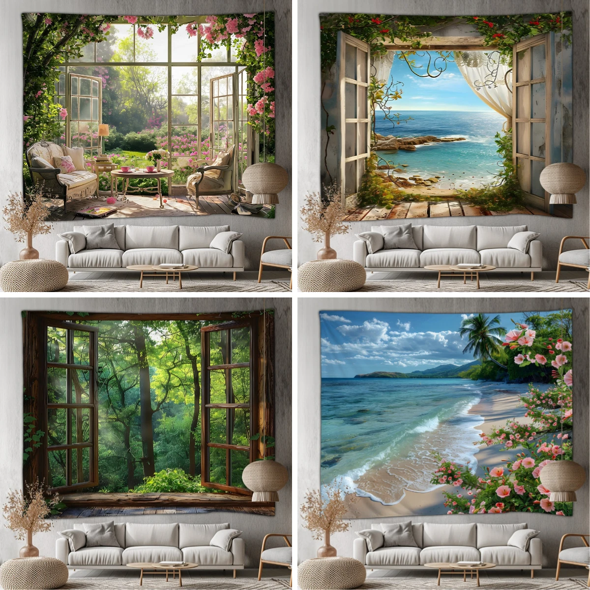 Outdoor Scenic Shower Curtain Rustic Doors & Windows Plants Flowers Ocean & Beach Natural Landscape Patio Wall Decoration Mural