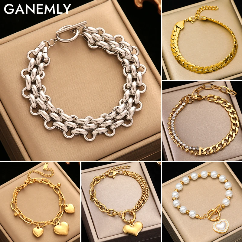 GANEMLY 316L Stainless Steel Heart Charm Bracelet For Women Men Fashion New Waterproof Wrist Chain Jewelry Friend Gift Party