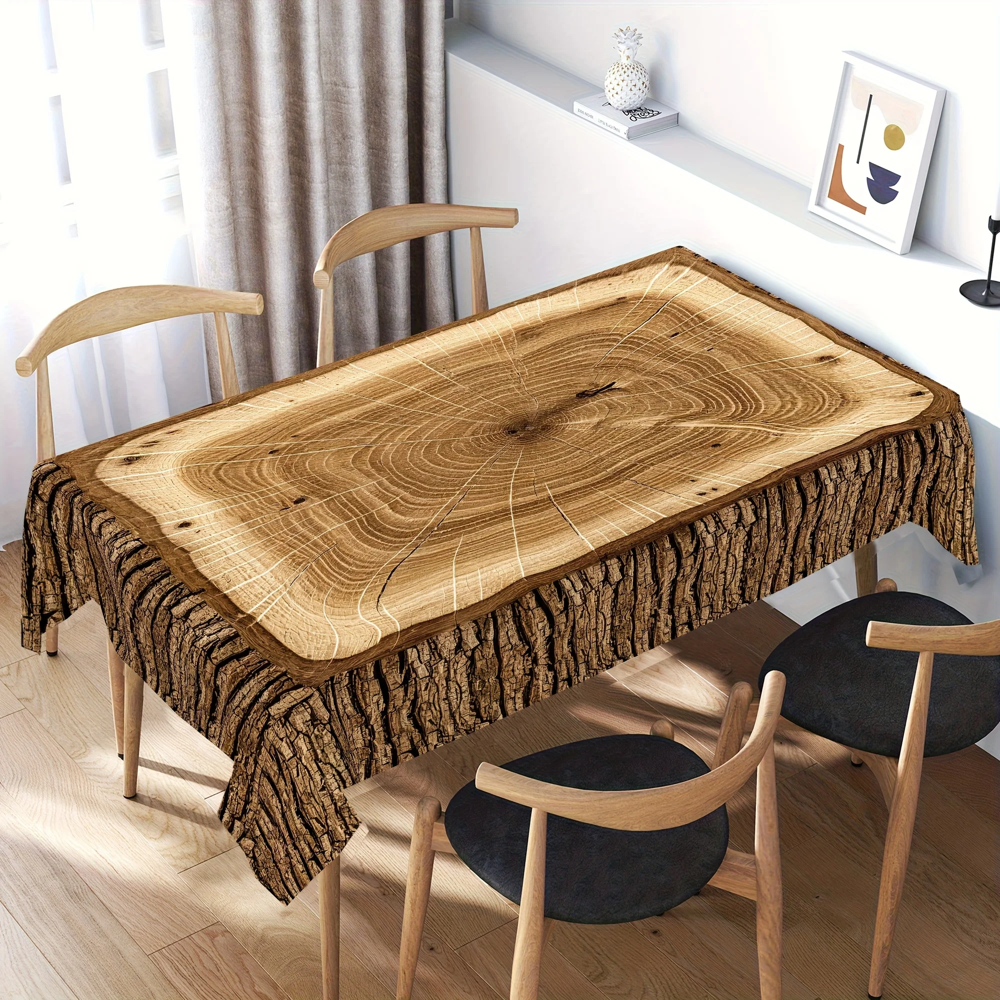 VIKAMA Wood Slice Tablecloth Tree Ring Bark Rectangular Washable Dining Table Cover Rustic Farmhouse Nature Kitchen Decor