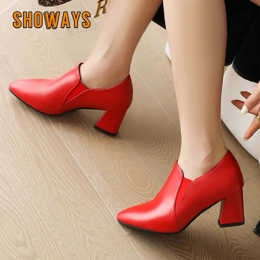 

Britsh Women Pumps Red Black Brown Microfiber High Block Heels Loafers Dress Office Ladies Comfortable Slip-on Pointed Toe Shoes