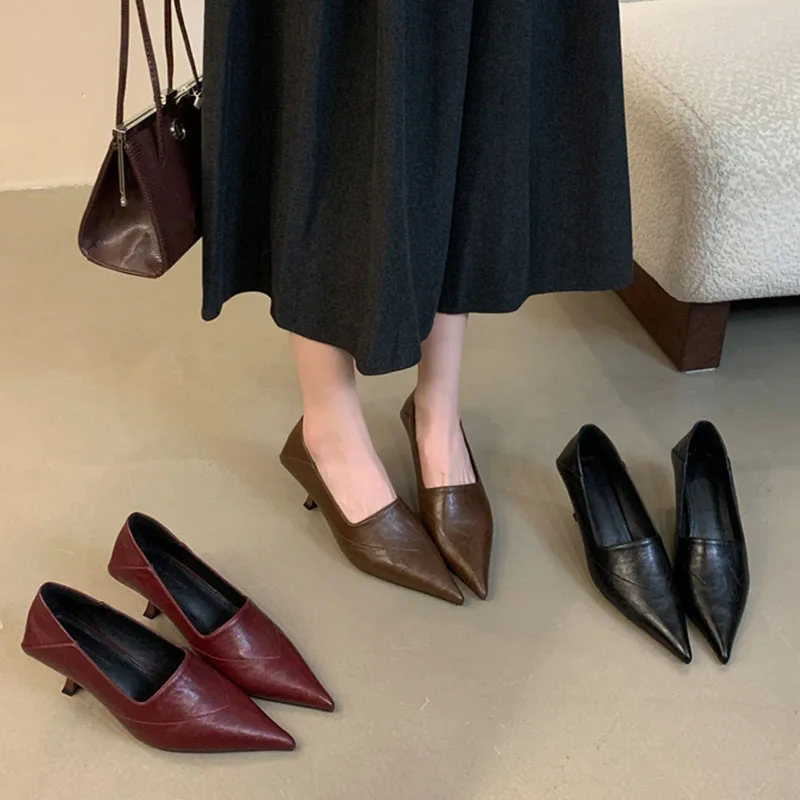 Pointed Toe Women Pumps 2024 New Arrival Shallow Slip On Dress Shoes Women High Heel 5 CM Office Ladies Shoes Maroon Coffee Shoe