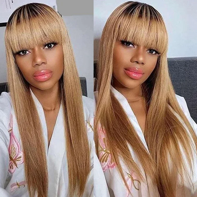 1B 27 Honey Blonde Human Hair Wig With Bangs For Women Straight Full Machine Made Wigs Natural Color Brazilian Remy Hair 150%