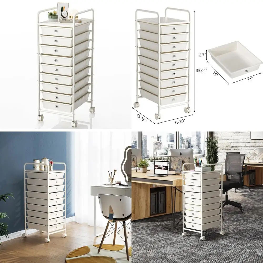 

9-Drawer Rolling Cart with Lockable Wheels, Versatile Storage for Home and Office in Ivory White