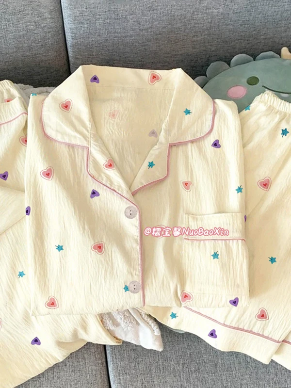 

Summer Casual Print Sleepwear Short Sleeve Thin Home Clothes Three-piece Set for Women Sweet Style Milk Silk Fabric Long Pants