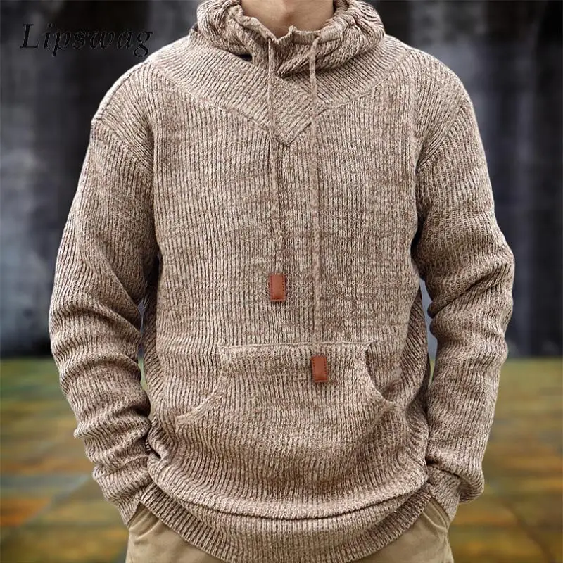 

Vintage Knit Sweaters Men Fashion Turtleneck Drawstring Long Sleeve Knitted Pullover Tops Mens Autumn Winter Warm Sweater Hoodie