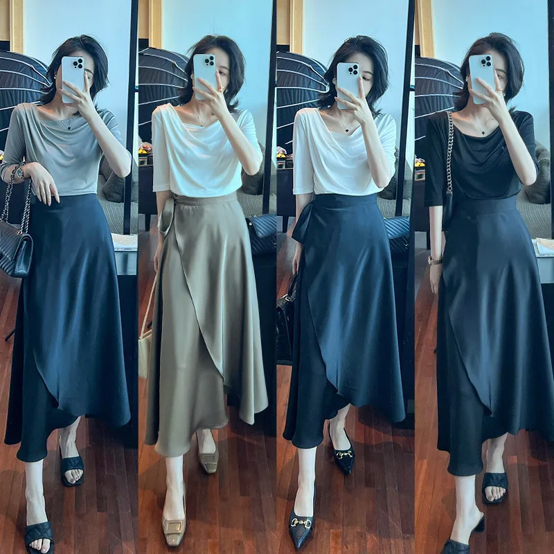 Short-sleeved T shirt double slit skirt  slim High waist drape A-line slit umbrella skirt skirt solid color summer women's suit