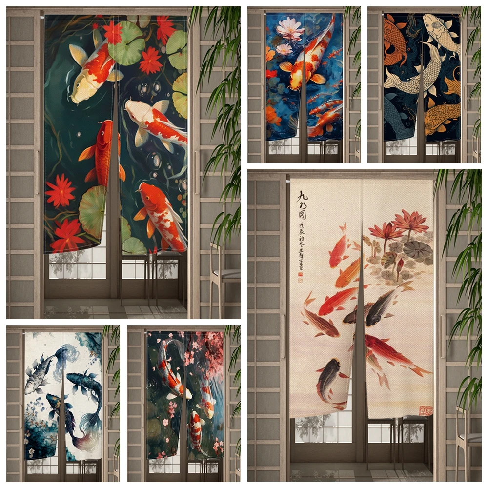 Japanese Koi Fish Door Curtain Fengshui Kitchen Bedroom Doorway Curtain Entrance Hanging Half-Curtain Partition Curtain Drape