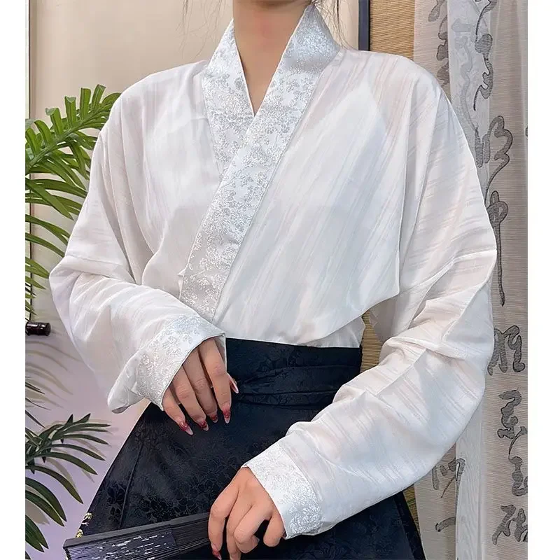 Autumn Traditional Chinese Black White Cross Collar Gold Woven Aircraft Sleeve Hanfu Shirt Women\'s Song Dynasty Cospaly Top