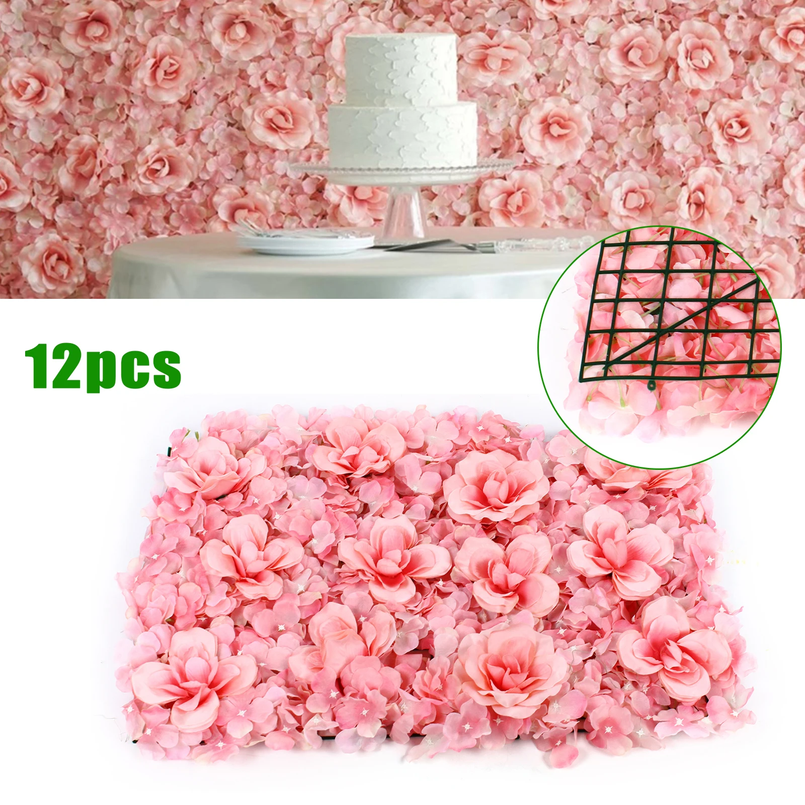 

12Pcs Artificial Pink Silk Flower Wall Panels Rose Hydrangea Wedding Backdrop with 60 Ties for Party Decorations