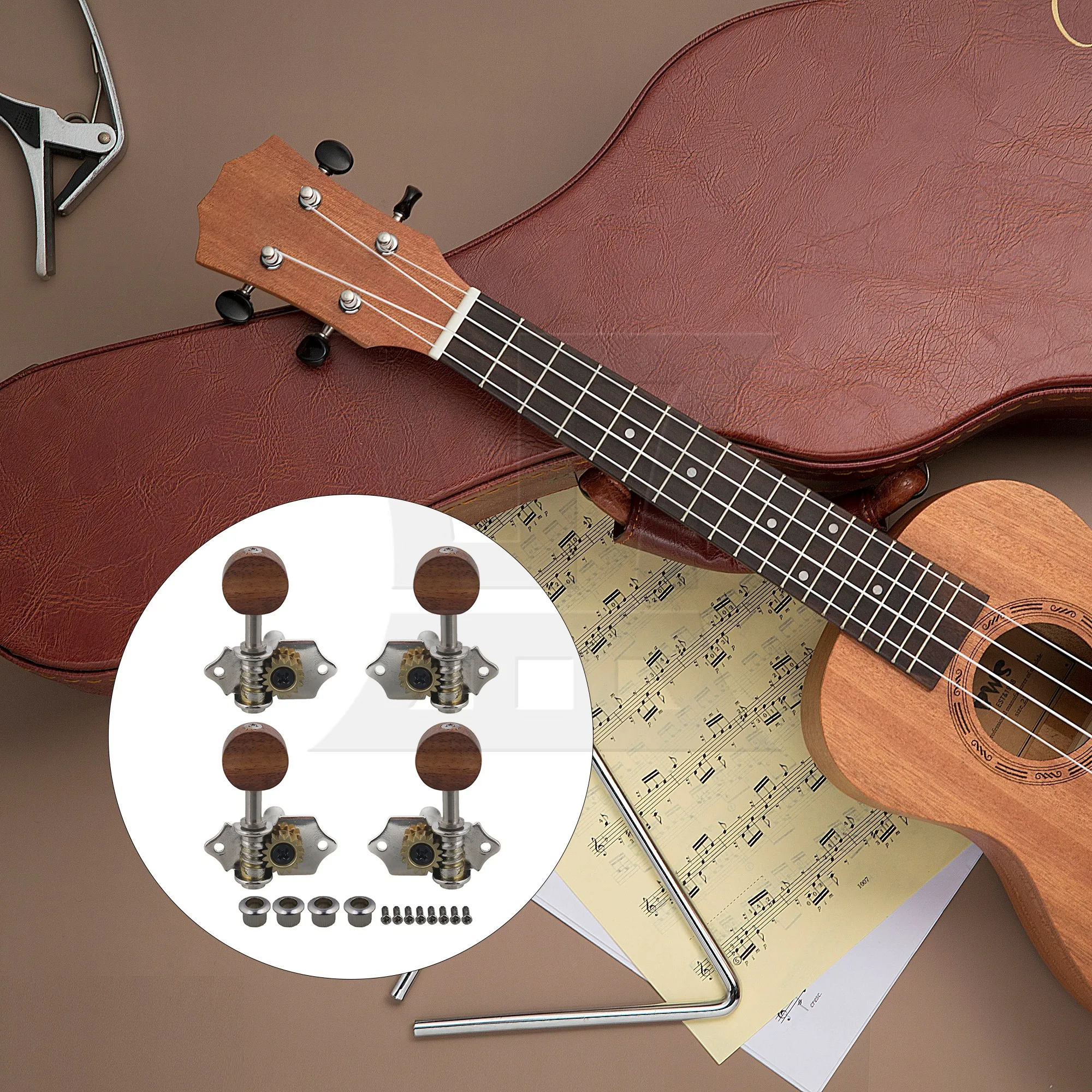 

Yibuy Silver Color Wooden Handle 2R2L 4 String Ukulele Tuning Head Tuners