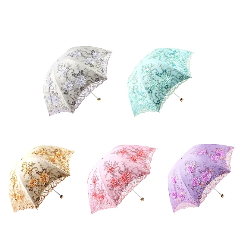 Double Layer Embroidered Lace Umbrella Three Folding Anti-uv Windproof for Outdoor Traveling Camping Travel Umbrellas