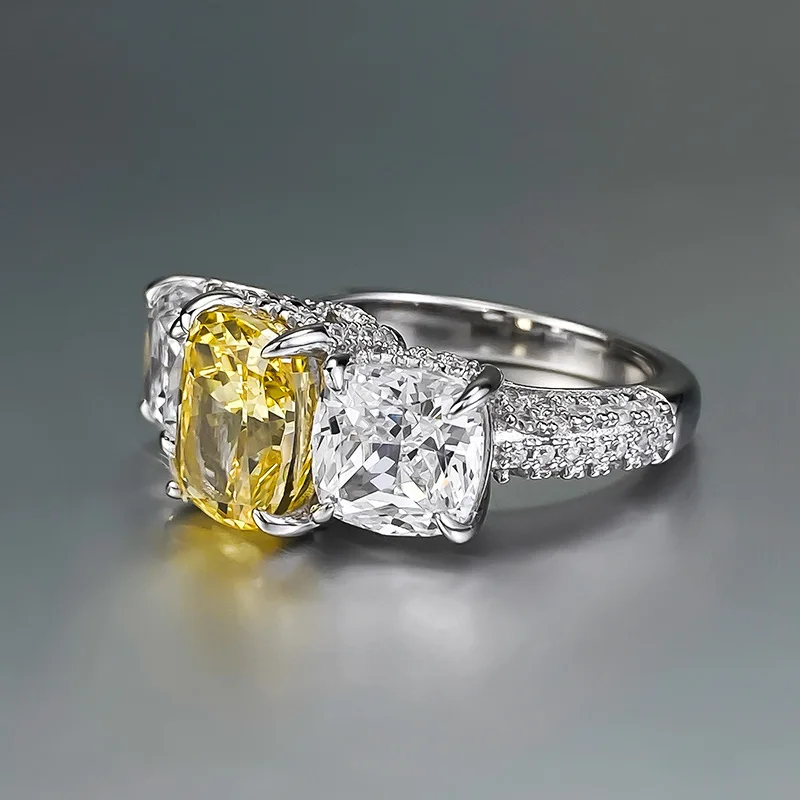 Jewelry New Yellow Diamond High Carbon Diamond Ring with S925 Inlaid 7 * 9 European and American Style Light Luxury Women's Ring