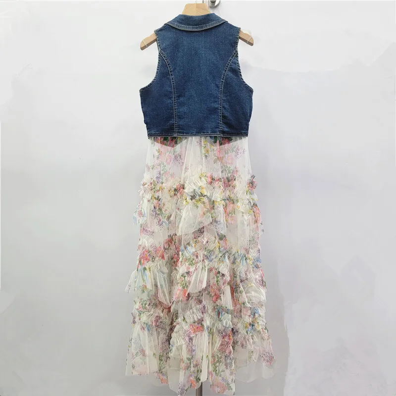 ANJY Herfst Nieuwe Vrouwen Europese Slim Fit Denim Vest Patchwork Gedrukt Mesh Zoete Taart Rok Elegante Bloemen Puffy Ins Jurk A16769