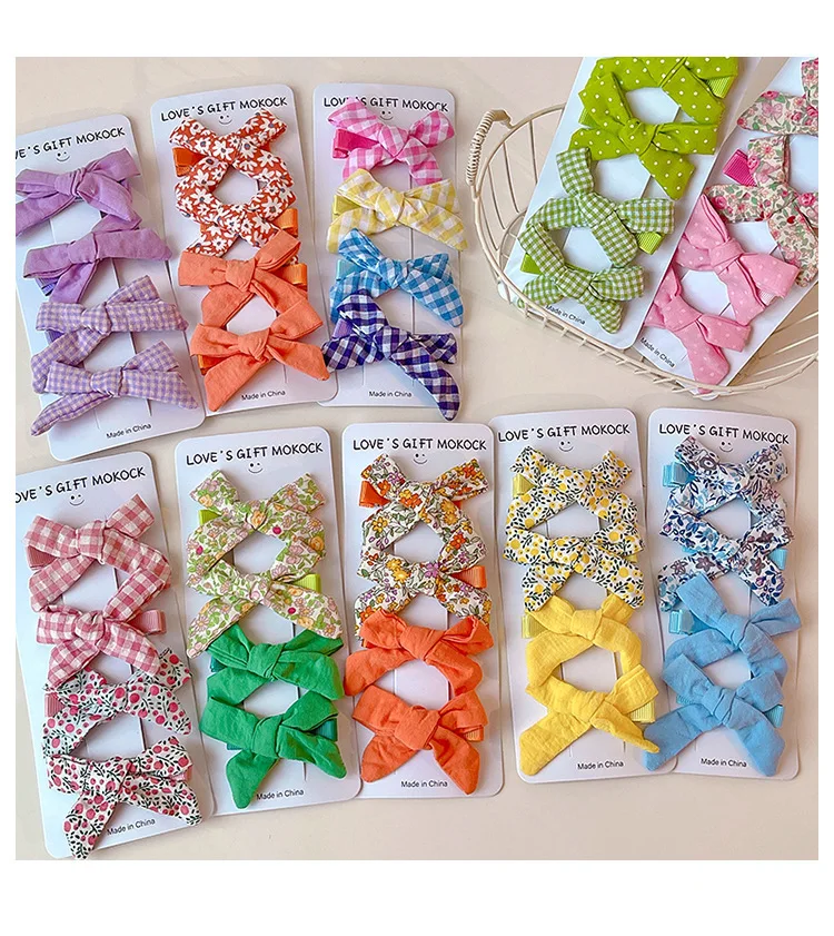 2026 4PCS/Set Kids Hair Clips Gingham Floral Bow Hair Barrettes No Hurt Hair Non Slip Soft Fabric Toddler Girls Accessories Gift