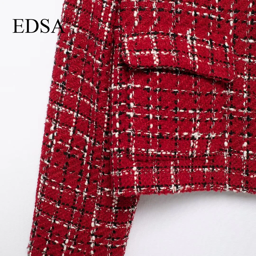 سترة نسائية من التويد باللون الأحمر من EDSA مع وسادات كتف وجيوب واحدة الصدر لملابس خارجية نسائية غير رسمية #5