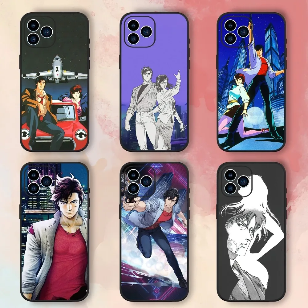 City Hunter Comic Phone Case For iPhone 15,14,13,12,11,XS,XR,X,8,7,Pro,Max,Plus,mini Black Silicone Soft Shell