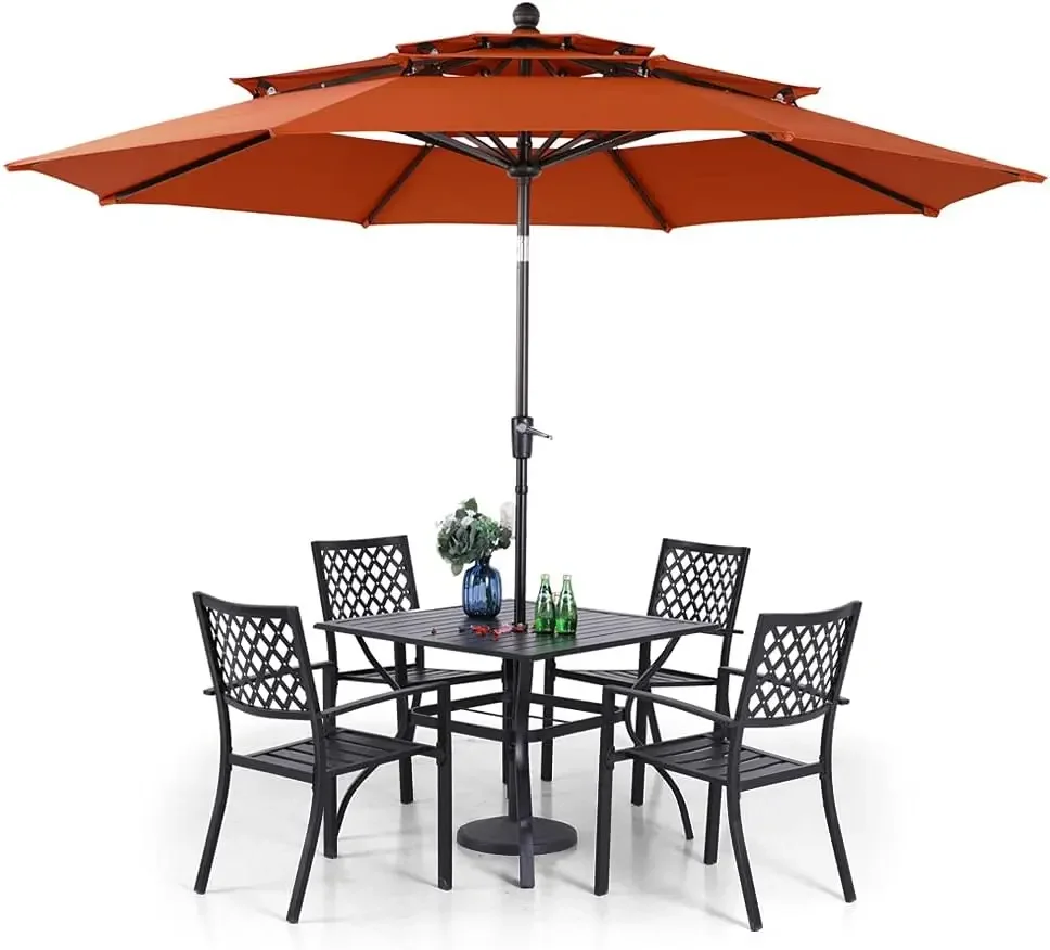 Outdoor Dining Set 6 PCS with 10ft 3-Layer Round Umbrella(Orange Red),1 Square 37