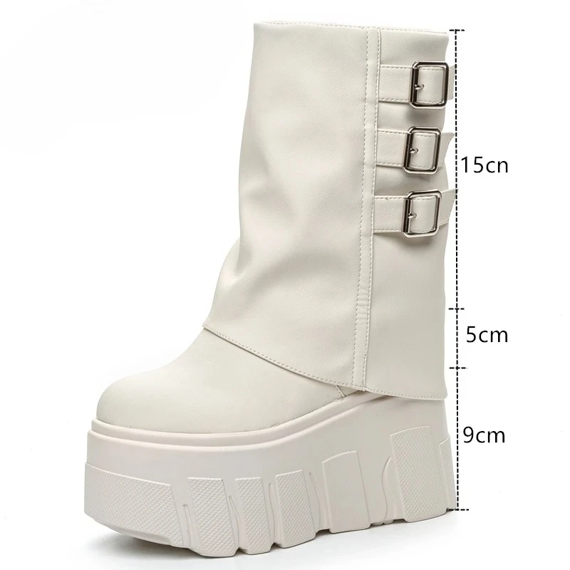 

14cm Ultra-High Winter Thin Fleece Women Trouser Boots High Quality Platform Belt Buckle Trend Womens Boots Сапоги Трубы Женские