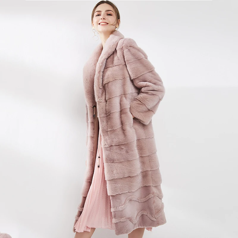 Ftangaiur New Winter Import Velvet Mink Fur Coat Long Sleeve Women Turn-Down Collar Pure Color X-Long Natural Mink Fur Coats