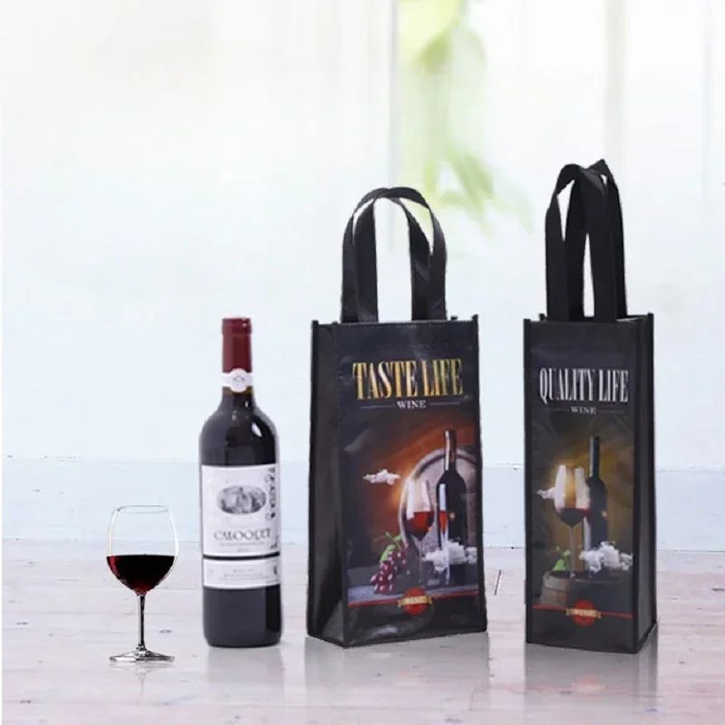 

50pcs High-end Printed Red Wine Bags Non Woven Waterproof Wine Handbag Wedding Banquet Shopping Gift Customized Storage Sack