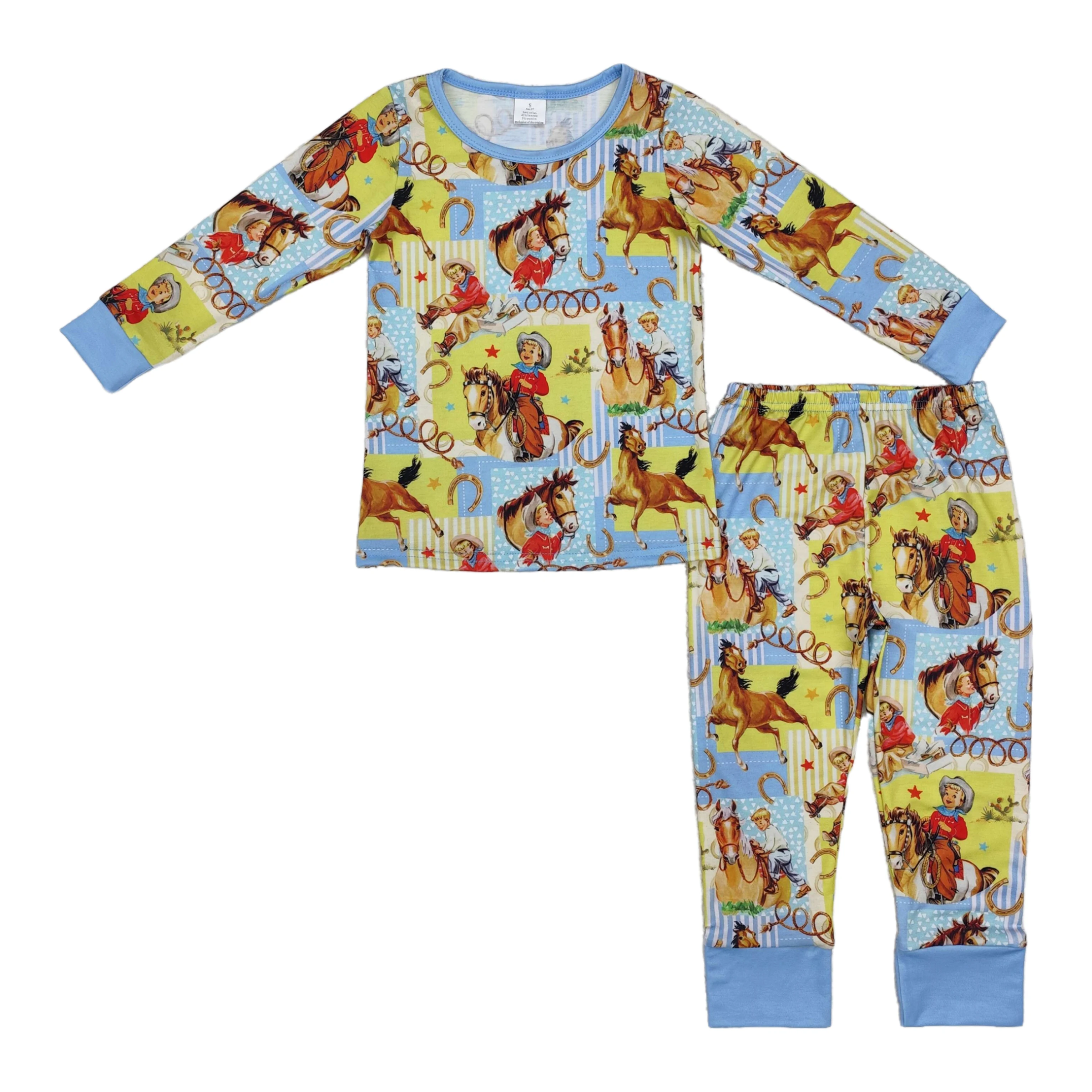 Wholesale Baby Boy Long Sleeves Shirt Pants Infant Nightwear Children Kids Western Horse Pajamas Set Toddler Outfit Clothing