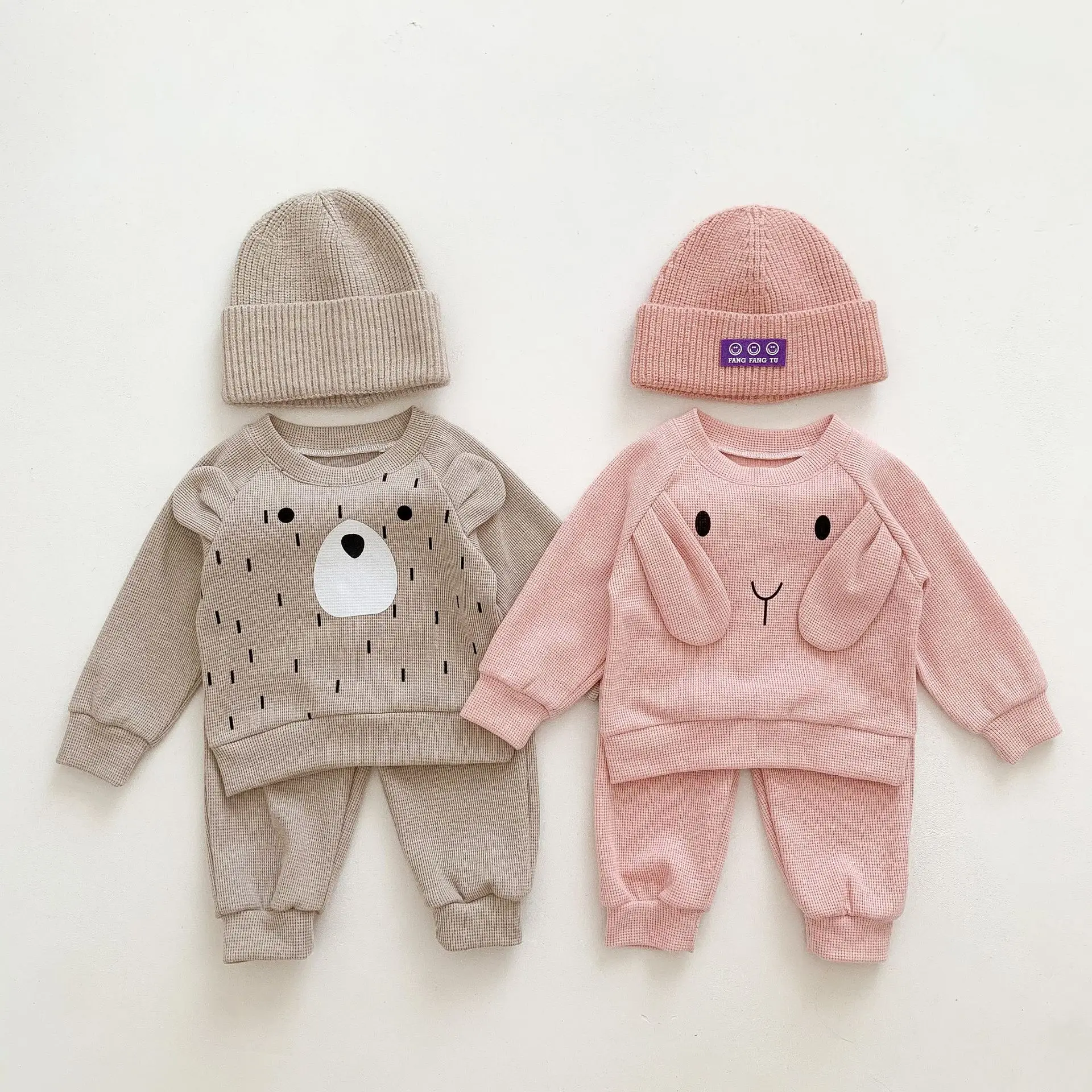 Baby and Toddler Spring and Autumn Sweatshirt New Set Baby Cartoon Casual Waffle Sports Two-piece Set Baby Clothes New Born Kids