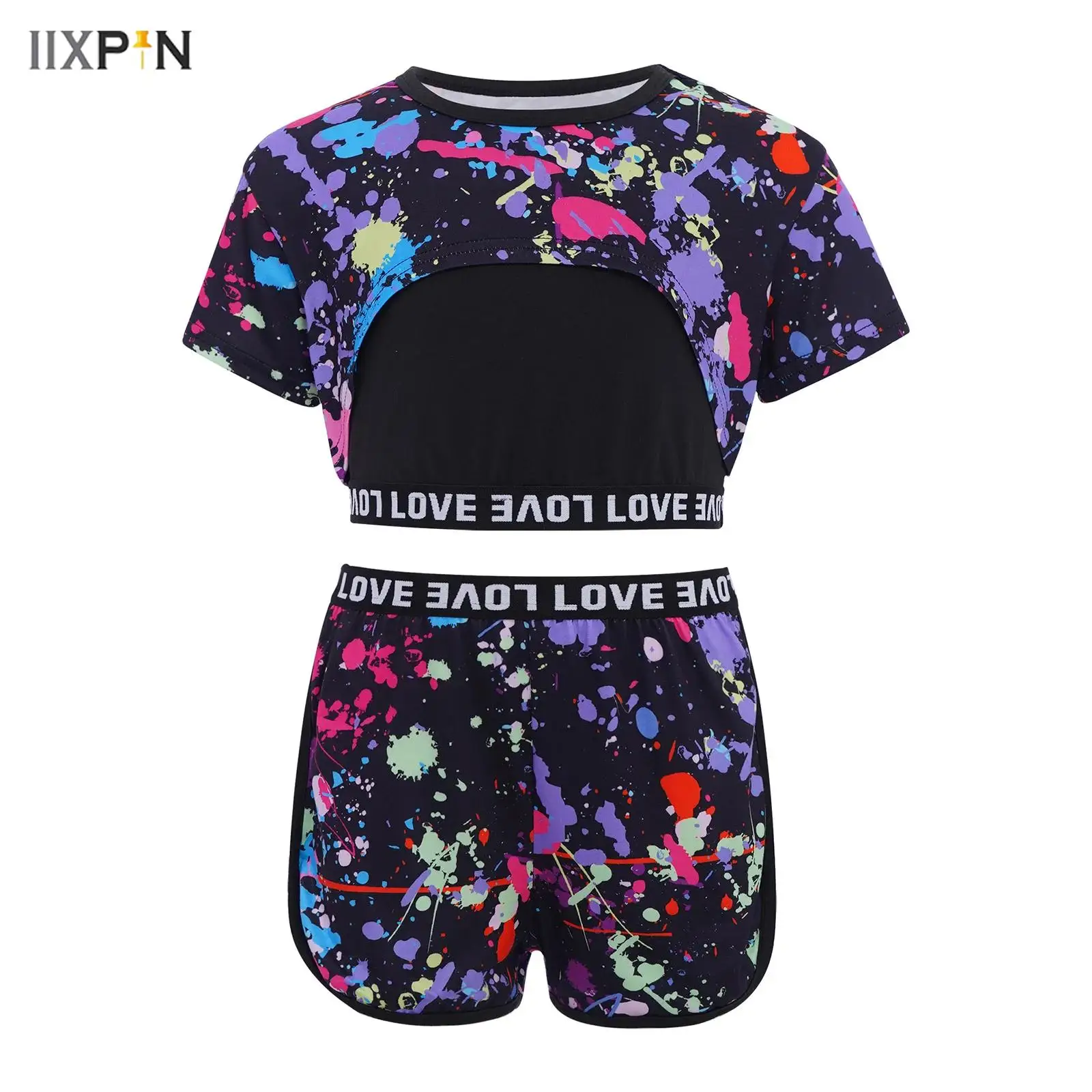 

3Pcs Kids Girls Graffiti Printed Sports Outfit Summer Swimming Beachwear Short Sleeve Asymmetrical Hem Crop Top+Camisole+Shorts