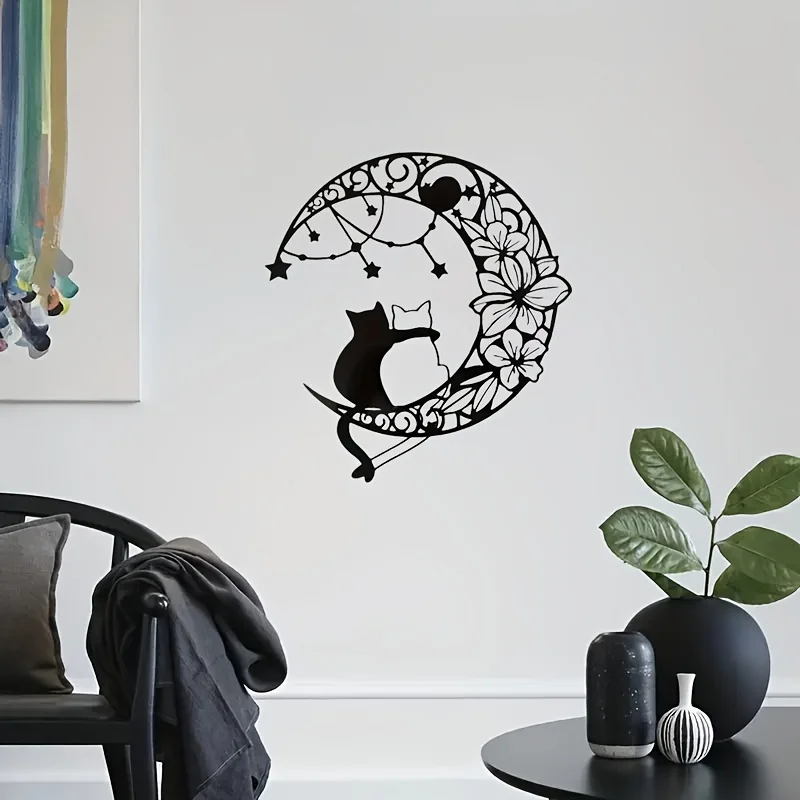 Metal Moon Cat Wall Art Iron Art Black Silhouette Wrought Iron Silhouette Decoration for Kitchen Office Bathroom Home