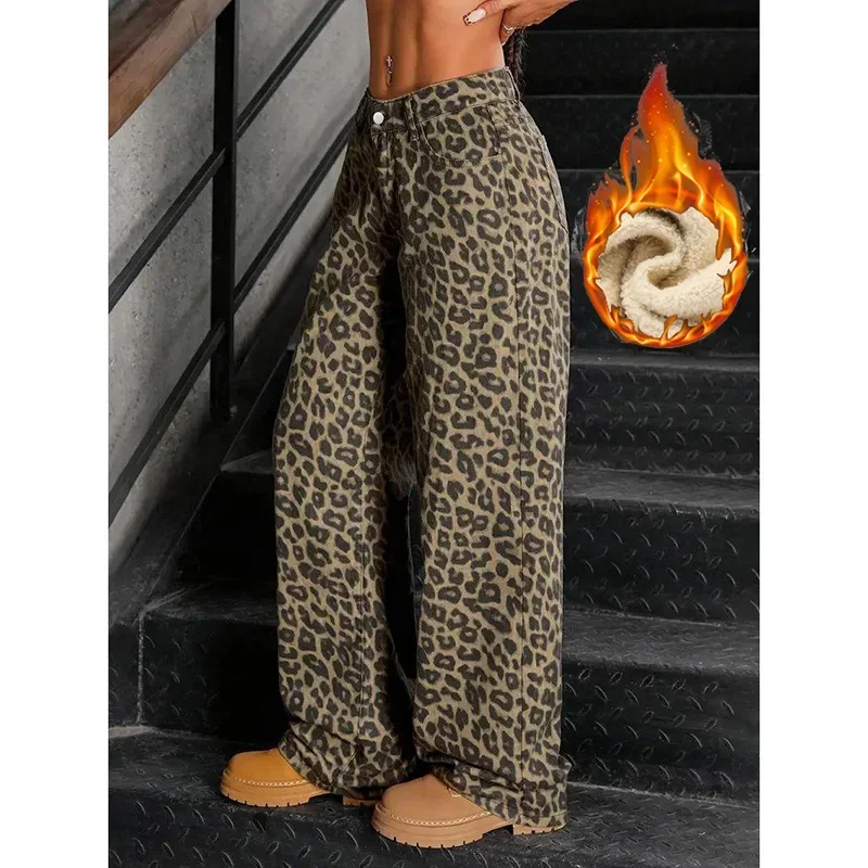 Winter Girls High Waist Leopard Printed Thermal Jeans Female Loose Snow Warm Denim Pants Lady Retro Fashion Plush Trousers