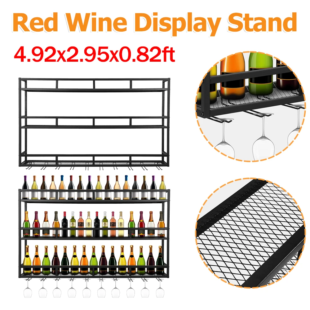 

Modern Wall Mounted Wine Rack with Glass Holder Wine Bottle Display Shelf Rustic Metal Storage Organizer for Home Bar Kitchen